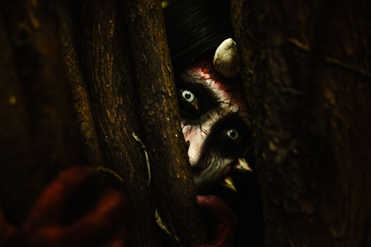 Services A person with devilish makeup peers through tree branches, creating an eerie Halloween vibe.